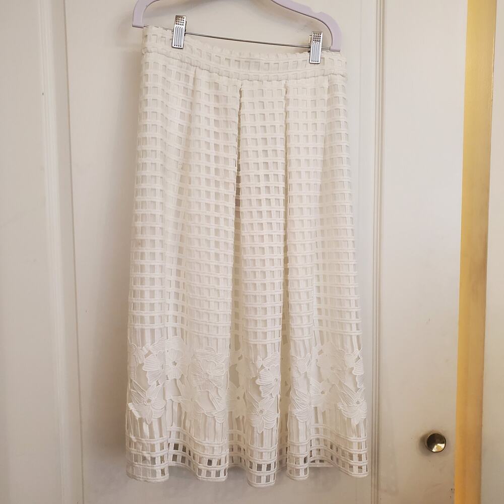 Marella White Grid Cutout Floral Lace Box Pleat Midi Skirt sz 6 NWT